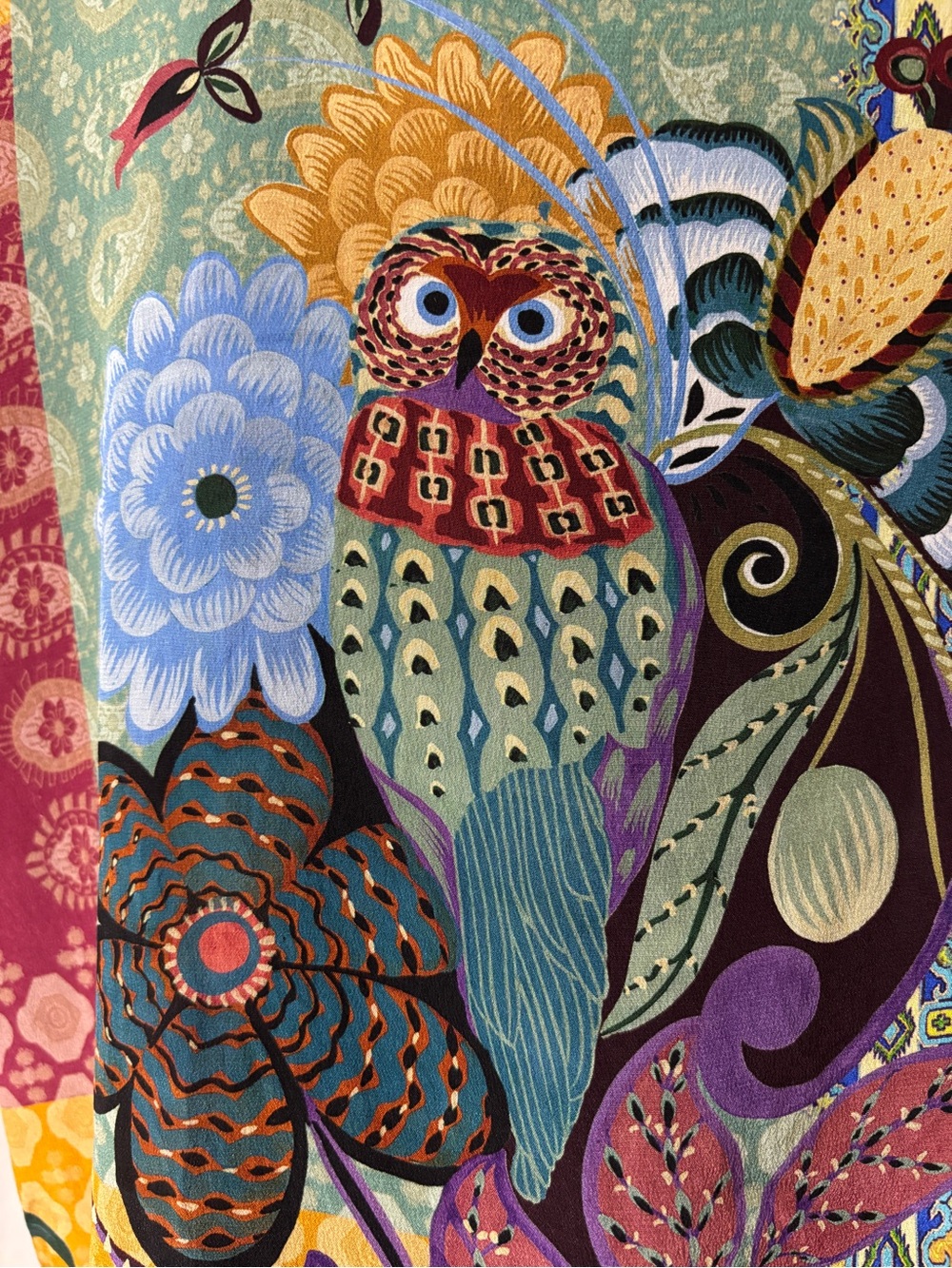 Johnny Was Vibrant Silk Patchwork & Owl Print Blouse - Picture 8 of 15